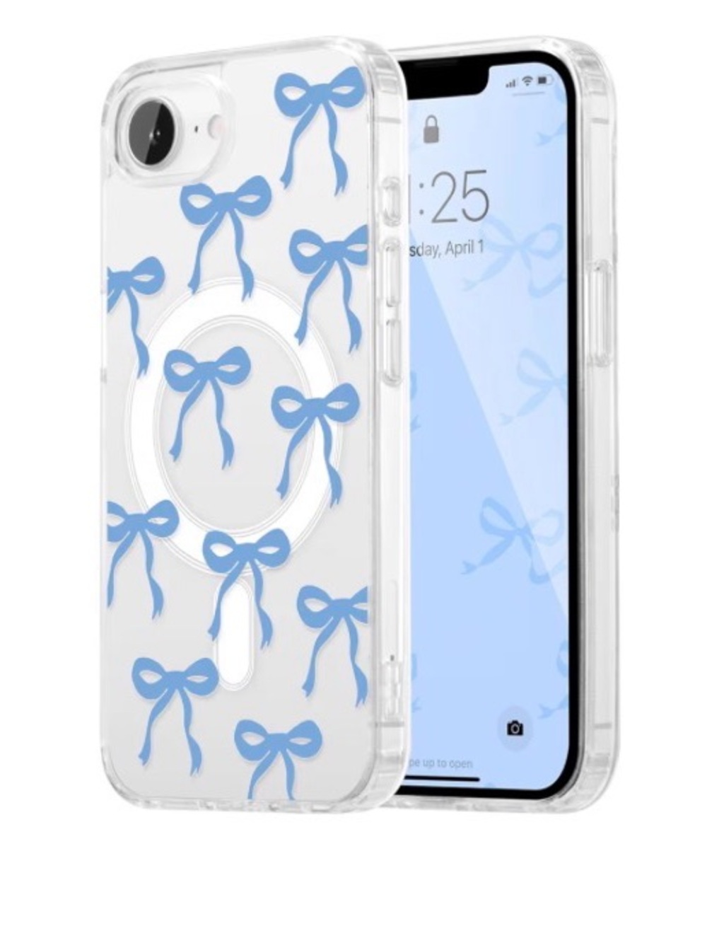 Clear IPhone 16e/17e Case with Light Blue Bow Design - Compatible MagSafe Case